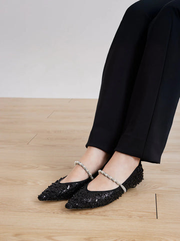 PAZZION, Jemima Embellished Mesh Pointed Toe Flats, Black